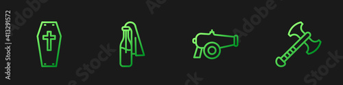 Set line Cannon, Coffin with cross, Cocktail molotov and War axe. Gradient color icons. Vector.