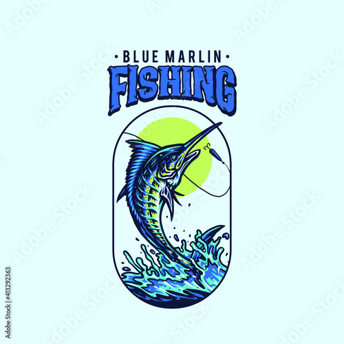 Blue marlin fishing, t shirt graphic design, hand drawn line style with digital color, vector illustration