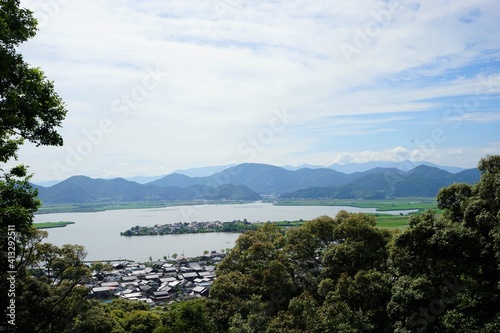 Aerial view of Lake biwa (Nishinoko) and city of Shiga from peak of Azuchi mountain in Shiga prefecture, Japan - 安土山山頂から琵琶湖 (西の湖) や街の眺望 滋賀県 日本