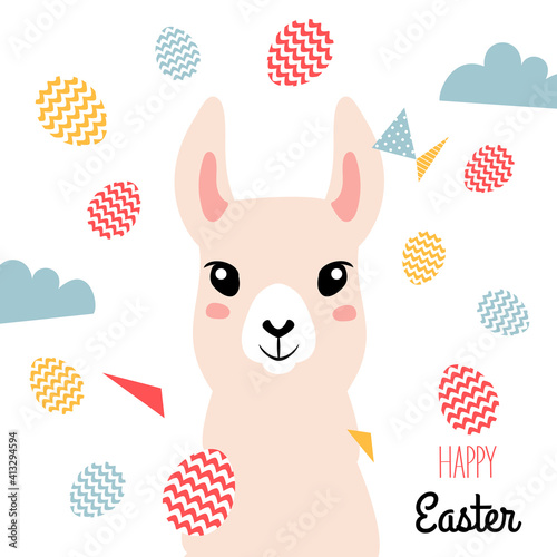 Easter card for Easter holidays design concept. Llama and Easter eggs