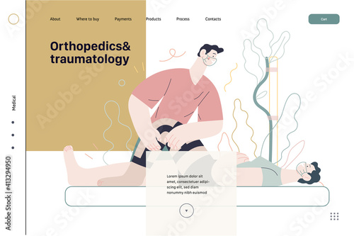 Medical insurance - orthopedic and traumathology -modern flat vector concept digital illustration - an orthopaedist attaching the orthosis to a lying female patient, medical office or laboratory