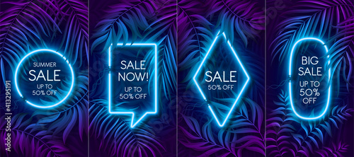 Neon light banner in fluorescent color, tropical background concept.