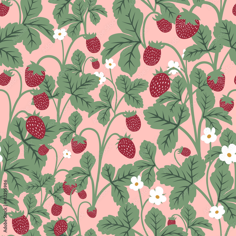 Strawberry fields seamless pattern on pink background Strawberry fields seamless pattern on pink background