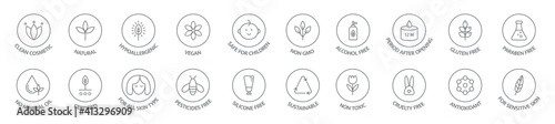 Organic and natural cosmetic line icon collection. Vegan, bio food. Organic products badges. Clean cosmetic, non toxic, hypoallergenic, safe for children. GMO free emblems. Vector illustration