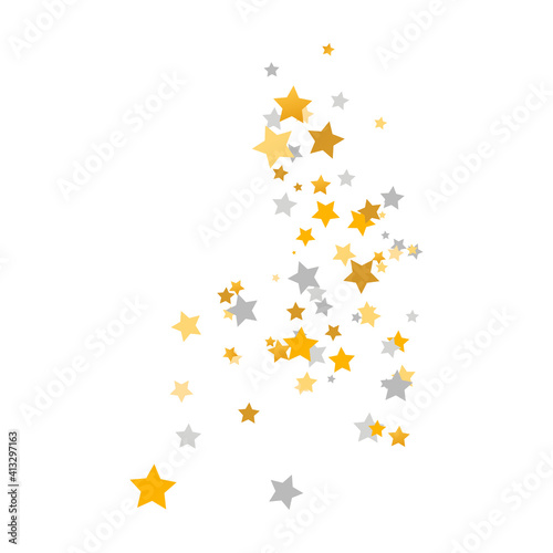 Golden and silver stars composition. Celebration banner. Children room decor. Gold and gray shooting stars. Glitter elegant design elements. Magic decoration. Vector illustration