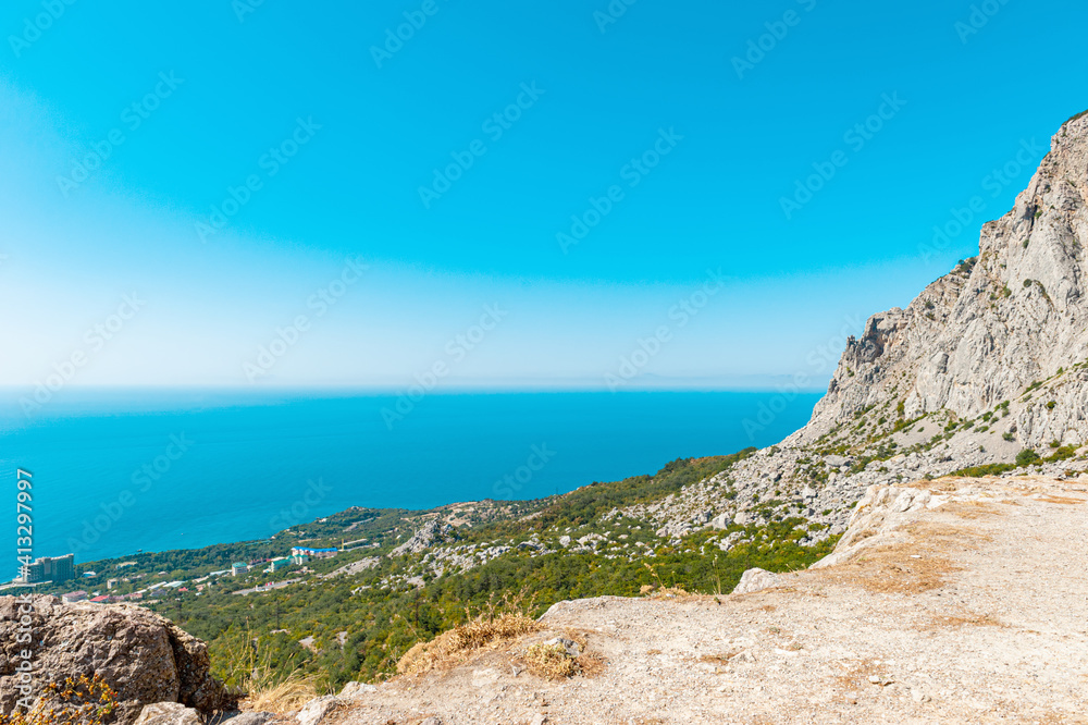 Beautiful view of the Black Sea from the mountain. Crimean Peninsula. Seascape in sunny weather