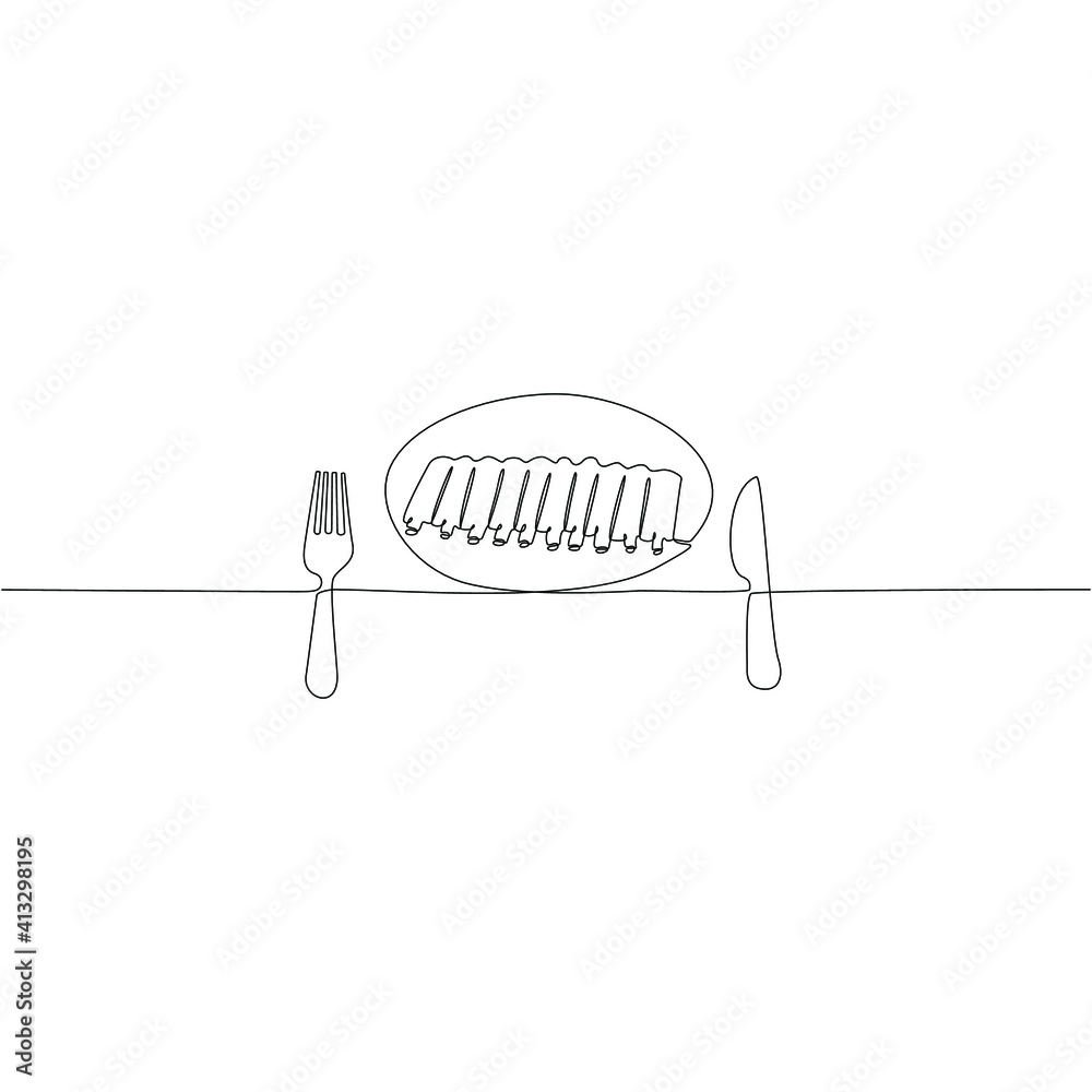 Continuous line drawing of lamb rib meat dish with knife and fork