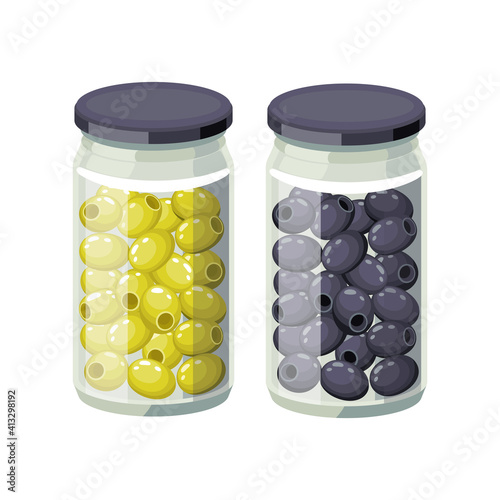 Green and black ripe olives preserved in glass jars, canned olives - vector icon, illustrations in flat design isolated on white background.
