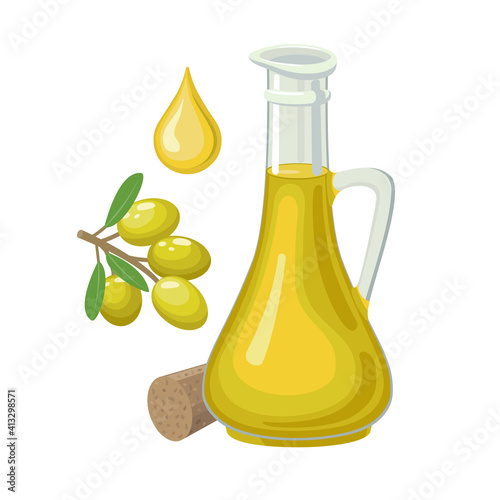 Olive oil in glass bottle and olives on branch isolated on white background - vector illustration.