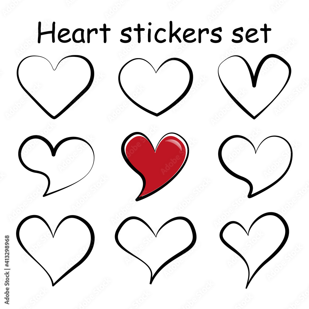 Different linear hearts sticker set. Vector isolated cartoon love symbols. Variety doodles shapes collection. Modern template elements for your design