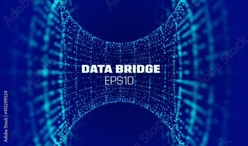 Vector abstract 3d big data visualization. Data security bridge. Computer network security technology. Wave flow. Network cyber technology.
