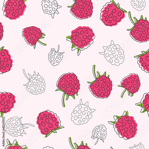 Vector seamless pattern of raspberries.Vector food fashion print. Design elements for textile or clothes. Hand drawn doodle repeating delicacies. Cute background