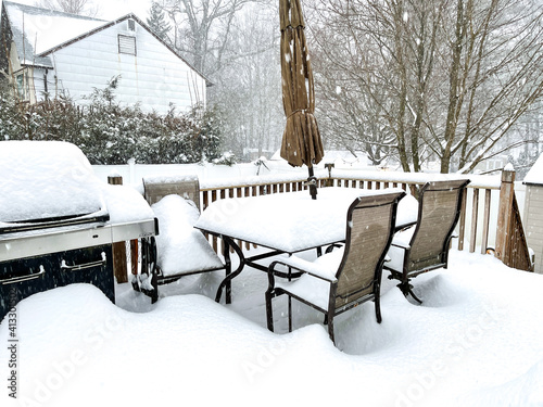 Suburban Deck Covered in Snow