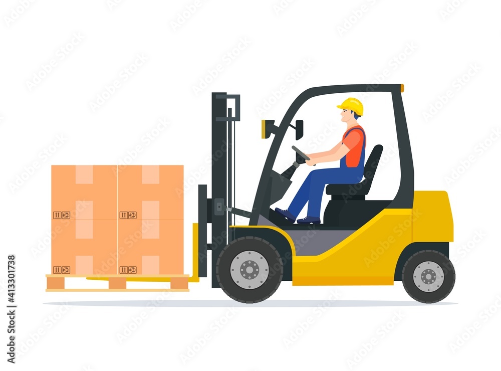 Yellow forklift truck with driver isolated on white background. electric uploader. Delivery, logistic and shipping cargo. Warehouse and storage equipment. Flat vector illustration
