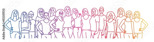 Group of happy woman. Colored line. Vector illustration.