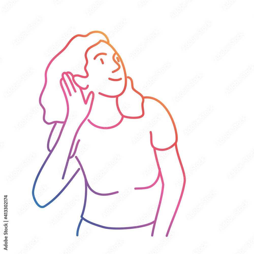 Cute woman try to hear better with hand palm. Colorful line. Vector illustration. Cute woman try to hear better with hand palm. Colorful line. Vector illustration.