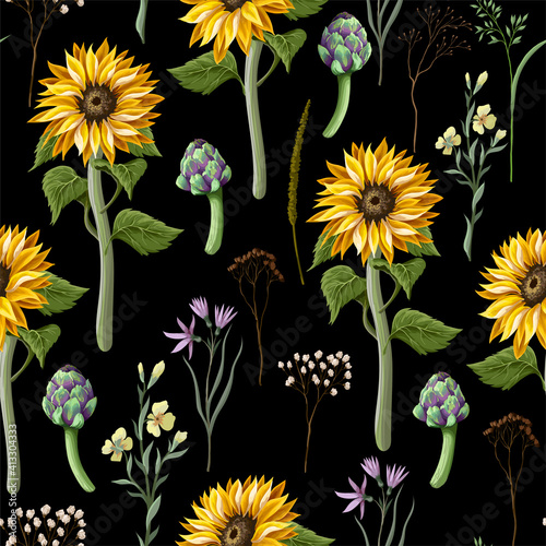 Seamless pattern with sunflowers, artichokes and wild flowers . Vector illustration.