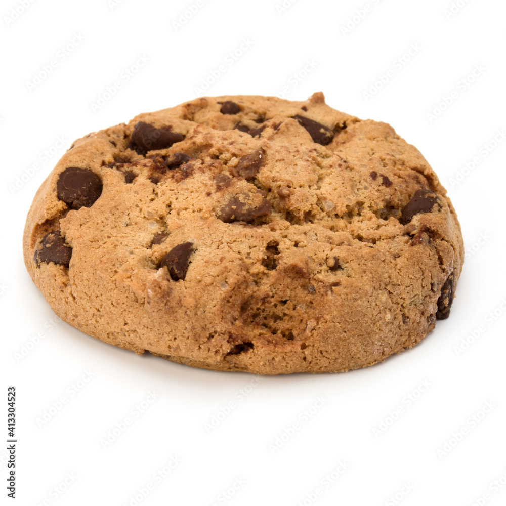 One Chocolate chip cookie isolated on white background. Sweet biscuit. Homemade pastry. One Chocolate chip cookie isolated on white background. Sweet biscuit. Homemade pastry.