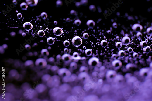 Violet colored toned backdrop made of spiderweb.Water droplets on blurred shining on light lilac background with blur and bokeh effect