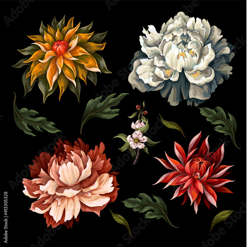 Vintage dark flowers such as peony, rose and chrysanthemum isolated. Vector.