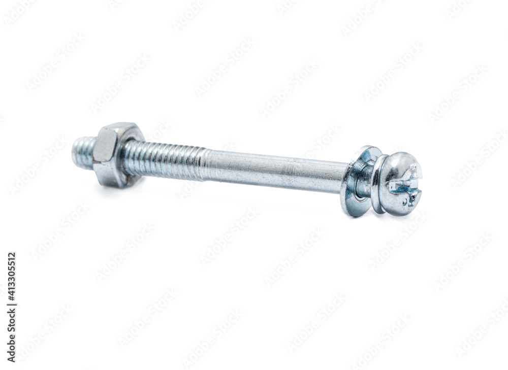 Bolt with nut and washer on a white background Bolt with nut and washer on a white background