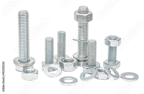 Steel bolts with nuts and washers on a white background