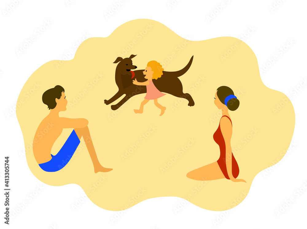Parents on beach and little daughter with brown dog. Vector color image. Parents on beach and little daughter with brown dog. Vector color image.