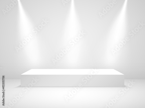 White podium mockup. Studio room with light. Award stage with spotlight. Clean pedestal blank. 3d platform for ceremony. Rectangle scene with light effect. Vector illustration