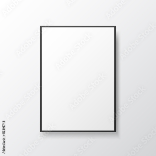 Poster mockup frame. White blank on light wall. Photo template with black frame. Isolated painting with soft shadow. Empty sheet close up. Vector illustration