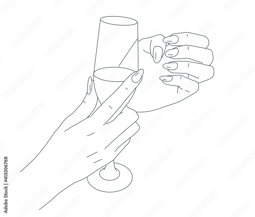 line drawing of hand that holding wine. vector line drawing Stock ...