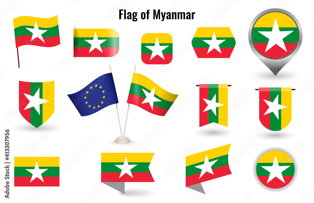 The Flag of Myanmar. Big set of icons and symbols. Square and round Myanmar flag. Collection of different flags of horizontal and vertical. vector illustration.