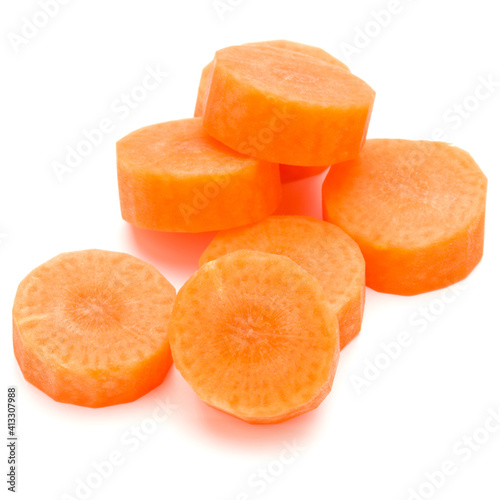 Chopped carrot slices isolated on white background cutout