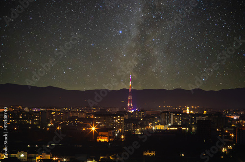 Obraz na płótnie TV tower in the Ukrainian city against the background of the starry sky w salonie