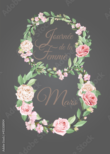 carte ou bandeau sur la journée mondiale de la femme en saumon sur un fond gris avec le 8 formé de fleurs