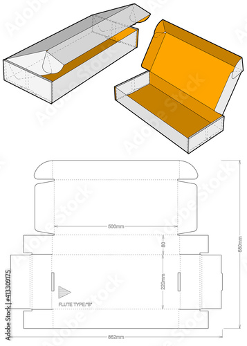 Cardboard box for sending mail. Flute Type B (Internal measurement 50 x 22 + 8cm) and Die-cut Pattern. Ease of assembly, no need for glue.  The .eps file is full scale and fully functional.