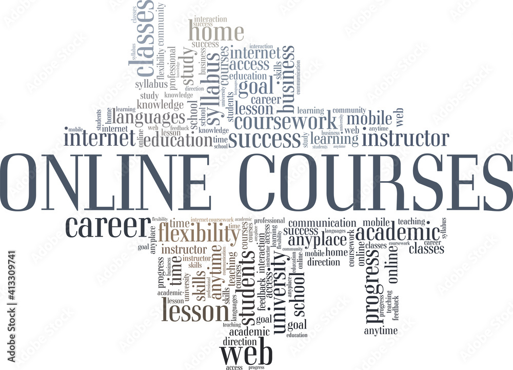 Online courses vector illustration word cloud isolated on a white background. Online courses vector illustration word cloud isolated on a white background.