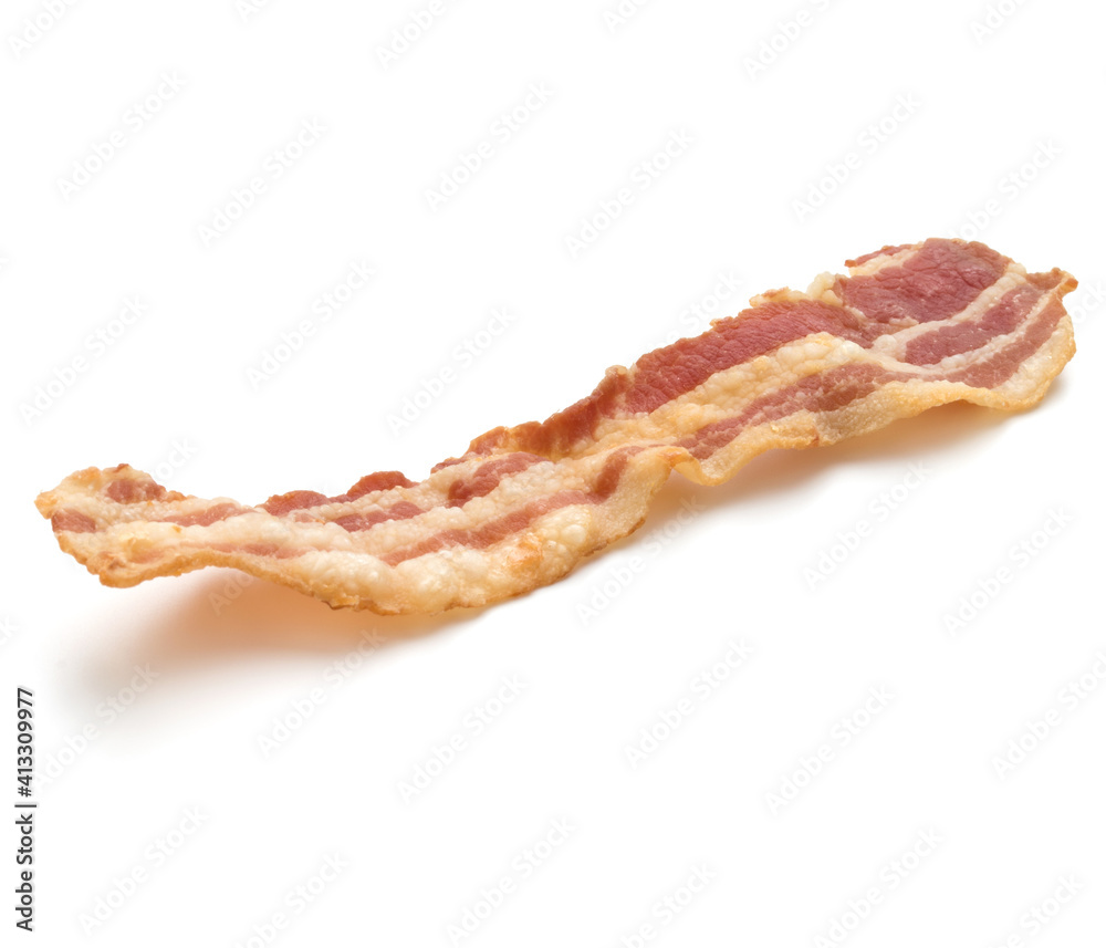 cooked crispy slice of bacon isolated on white background cooked crispy slice of bacon isolated on white background