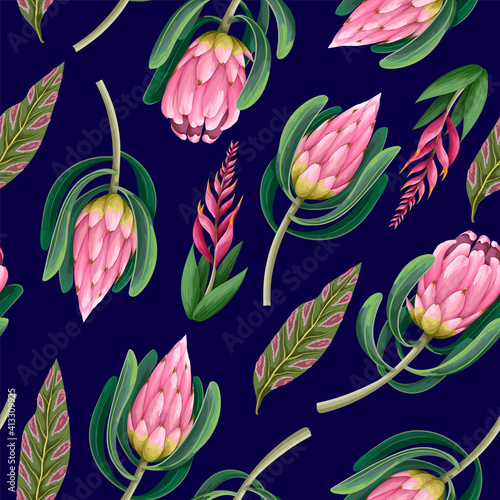 Seamless pattern with proteas flowers. Trendy floral vector print.