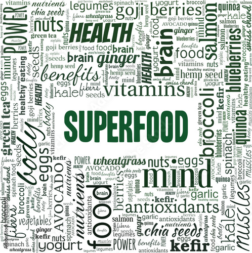 Superfood vector illustration word cloud isolated on a white background.
