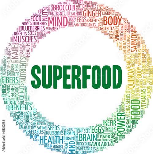Superfood vector illustration word cloud isolated on a white background.