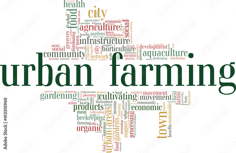 Urban farming vector illustration word cloud isolated on a white background.