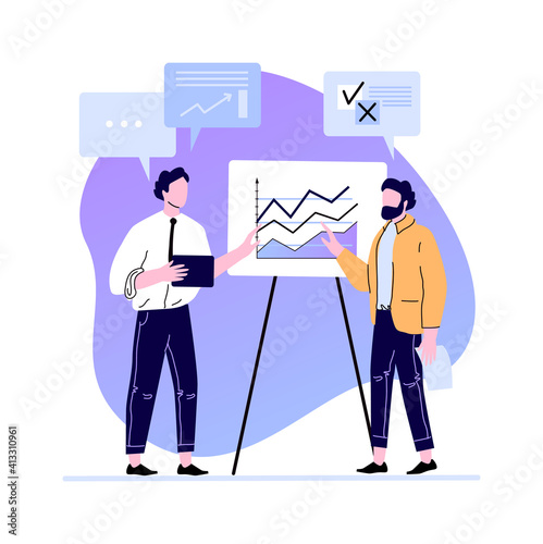 Business meeting presentation charts and diagramm on board. Professional business communication and working management. Vector illustration