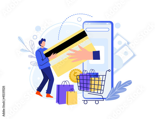 Buy in online shop with smartphone, pay card. Vector smartphone, commerce online shop, use gadget for buy and online shopping illustration