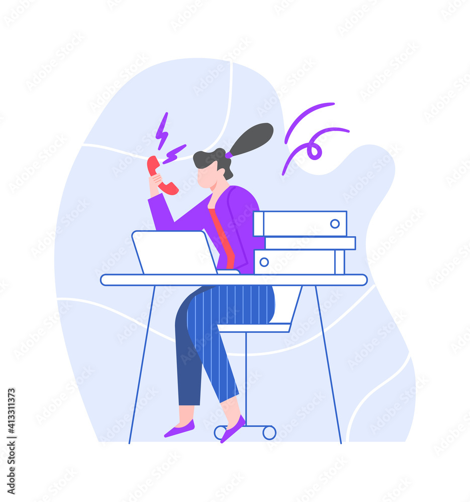 Stressful woman at workplace speak on phone. Woman stress telephone, problem speak by phone, vector female, at computer illustration