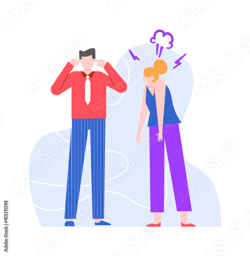 Wife scolds husband, quarrel between man and woman. Relationship conflict man and woman, angry woman argument to man. Vector illustration
