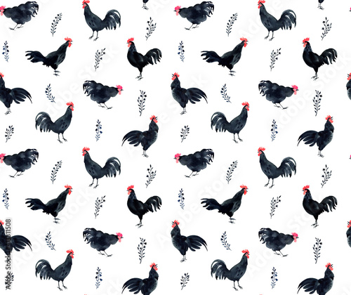 Black roosters seamless pattern. Farm animals