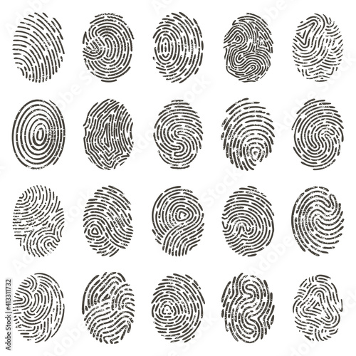 Biometric fingerprints. Human grunge individual finger prints, biometric thumb lines and hand marks. Fingerprints identification vector illustration set. Finger print, finger unique individual