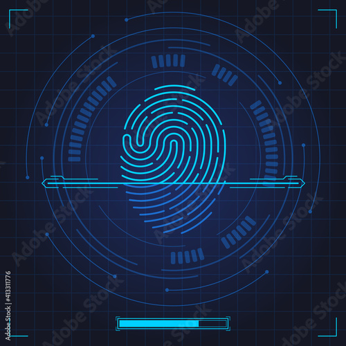 Fingerprint scan. Biometric fingerprints identification, security system thumb lines authentication. Digital fingerprint scan vector illustration set. Fingerprint and thumbprint, digital security scan