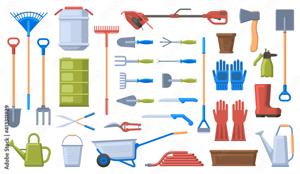 Gardening tools. Garden work equipment, shovel, rake, wheelbarrow ...