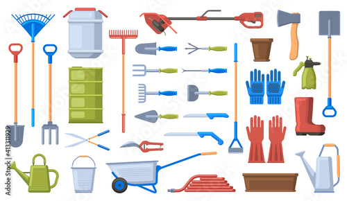 Gardening tools. Garden work equipment, shovel, rake, wheelbarrow, gloves and pruner. Agriculture gardening work tools vector illustration set. Wheelbarrow and pruner equipment fot gardening